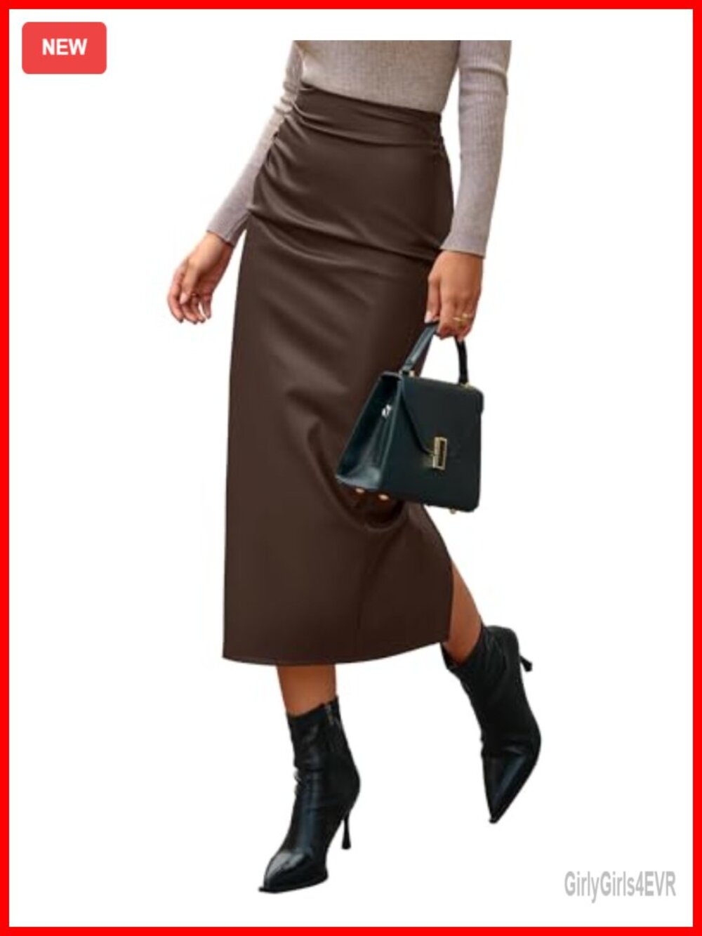 Faux Leather Midi Pencil Skirt High Waist Back Slit Ruched Work
